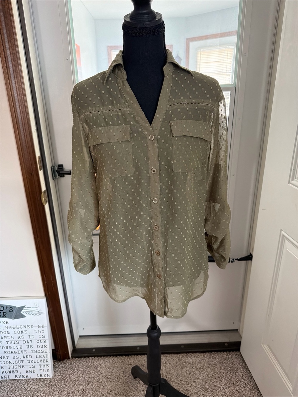 New York & Company Olive Sheer Button-Front Blouse